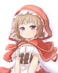  1girl baigao brown_hair capelet chinese_commentary commentary_request flat_chest frills granblue_fantasy highres hood hood_up hooded_capelet looking_at_viewer purple_eyes red_capelet renie short_hair short_sleeves simple_background solo upper_body white_background 