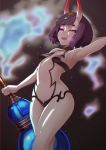  1girl absurdres arm_behind_head arm_up armpits bangs bare_shoulders bob_cut breasts collarbone dh_ead eyeliner fate/grand_order fate_(series) gourd headpiece highres horns looking_at_viewer makeup navel oni oni_horns open_mouth purple_eyes purple_hair revealing_clothes short_hair shuten_douji_(fate/grand_order) skin-covered_horns small_breasts smile thighs 
