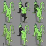  1:1 anthro black_clothing black_tailwear black_topwear bottomless butt clothed clothing fishnet fishnet_legwear furgonomics glistening glistening_body green_body green_butt green_tail hi_res kostos_art latex_clothing legwear lips lizard looking_at_viewer multiple_images nude pose reptile scalie shadow soles solo tail_clothing tailwear topwear 