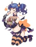  1girl aikatsu!_(series) bangs bat_wings breasts candy eyebrows_visible_through_hair food holding holding_candy holding_food holding_lollipop horns lollipop looking_at_viewer onbin_ha one_eye_closed purple_hair simple_background wing_piercing wings 