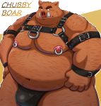  2020 5_fingers absurd_res amber_eyes anthro belly bondage_gear brown_body brown_fur bulge chest_harness clothing fingers fur hairy harness hi_res humanoid_hands kemono kumajjjj leather male mammal moobs navel nipple_piercing nipple_ring nipples obese obese_anthro obese_male overweight overweight_anthro overweight_male piercing solo suid suina sus_(pig) text tusks underwear wild_boar wrist_cuff 