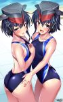  2girls ass asymmetrical_hair back black_hair blue_swimsuit blush breasts brown_eyes collarbone competition_swimsuit dated day embarrassed eyebrows_visible_through_hair gloves hair_between_eyes headphones highres i-13_(kantai_collection) i-14_(kantai_collection) kantai_collection looking_at_viewer multiple_girls one-piece_swimsuit outdoors partially_fingerless_gloves pool poolside rei_no_pool short_hair signature small_breasts smile swimsuit tsuchimiya water 