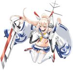  1girl :o ayanami_(azur_lane) azur_lane bandaid bangs belt black_choker blonde_hair blue_sailor_collar blue_skirt choker clothing_cutout commentary_request detached_sleeves double_horizontal_stripe floating hair_ornament hairclip headgear holding holding_sword holding_weapon huge_weapon long_hair looking_at_viewer microskirt navel red_eyes rigging sailor_collar shirt shoulder_cutout silver_hair simple_background skirt solo sword taniguchi_gou thighhighs weapon white_background white_belt white_legwear white_shirt white_sleeves yellow_neckwear 