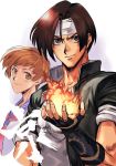  1990s_(style) 1boy 1girl bandages black_gloves brown_eyes brown_hair closed_mouth explosion fingerless_gloves fingernails gloves green_eyes hair_between_eyes hungry_clicker kusanagi_kyou kushinada_yuki light_brown_hair muscle open_hand school_uniform serafuku sleeves_rolled_up smile the_king_of_fighters uniform upper_body 