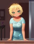  1girl artist_name bare_arms blonde_hair blue_shirt blush collarbone commentary eyebrows_visible_through_hair green_eyes indoors kuroonehalf looking_at_viewer original shirt short_hair short_sleeves smile solo upper_body window 