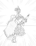  3girls absurdres anya_melfissa anya_melfissa_(1st_costume) barefoot bow breasts double_bun dynamis_(artist) emphasis_lines english_commentary from_behind greyscale hair_bow hair_bun highres holding holding_person holding_sword holding_weapon hololive hololive_indonesia holoro huge_bow kureiji_ollie kureiji_ollie_(1st_costume) large_breasts long_hair long_skirt monochrome multiple_girls open_mouth patchwork_skin pavolia_reine pavolia_reine_(1st_costume) shaded_face side_ponytail skirt sword virtual_youtuber wavy_hair weapon wide-eyed zombie 