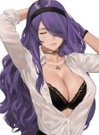  1girl alternate_costume arms_up black_bra black_hairband blush bra breasts camilla_(fire_emblem) cleavage closed_eyes closed_mouth collar fire_emblem fire_emblem_fates hair_over_one_eye hairband highres j@ck jewelry large_breasts long_hair long_sleeves necklace open_clothes open_shirt pink_lips purple_hair shirt smile solo underwear upper_body very_long_hair white_shirt wristband 