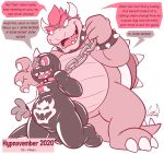  2020 4_fingers absurd_res anthro black_body bowser bracelet chain chain_chomp claws collar digital_drawing_(artwork) digital_media_(artwork) dragon duo english_text featureless_crotch fingers grey_body hi_res horn hypnosis hypnovember jewelry kneeling koopa male mario_bros markings mind_control nintendo open_mouth reptile ringed_eyes scalie sharp_teeth simple_background size_difference smile soul-silver-dragon soul-silver-dragon_(character) speech_bubble spiked_bracelet spikes teeth text toe_claws toony video_games white_background wrist_cuff 