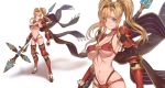  1girl armor bikini blonde_hair blue_eyes breasts choker closed_mouth commentary_request eyebrows_visible_through_hair full_body gauntlets granblue_fantasy highres holding holding_polearm holding_weapon large_breasts long_hair looking_at_viewer navel polearm red_bikini red_choker simple_background solo standing swimsuit tekkai_blade twintails weapon white_background zeta_(granblue_fantasy) 