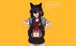  1girl animal_ears black_hair blue_eyes blush collarbone english_text hair_between_eyes highres hirundo_rustica incoming_hug jacket kemonomimi_mode kill_la_kill long_sleeves looking_at_viewer matoi_ryuuko meme midriff multicolored_hair my_little_pogchamp_(meme) navel open_clothes open_jacket open_mouth pleated_skirt red_hair school_uniform senketsu serafuku short_hair simple_background skirt streaked_hair suspenders yellow_background 