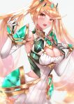  1girl absurdres alternate_hairstyle blonde_hair breasts cleavage cleavage_cutout clothing_cutout dress highres jewelry large_breasts miniskirt mythra_(xenoblade) risumi_(taka-fallcherryblossom) skirt solo twintails white_dress xenoblade_chronicles_(series) xenoblade_chronicles_2 