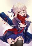  1girl absurdres ahoge artoria_pendragon_(all) bangs black-framed_eyewear black_legwear blonde_hair blush braid commentary_request fate/grand_order fate_(series) glasses hair_between_eyes highres jacket looking_at_viewer mysterious_heroine_x_(alter) plaid plaid_scarf red_scarf scarf school_uniform semi-rimless_eyewear serafuku skirt smile solo thighhighs thighs under-rim_eyewear yellow_eyes yunano 