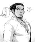  1boy ? bara beard black_eyes black_hair character_request check_character chest_hair dark_skin dark_skinned_male facial_hair foxvulpine golden_kamuy greyscale hairy kikuta_(golden_kamuy) male_focus monochrome muscle open_clothes open_shirt partially_unbuttoned pectoral_focus pectorals rikimatsu_ariko scar scar_on_face simple_background solo_focus spoken_question_mark stubble thick_eyebrows thought_bubble tied_hair upper_body 