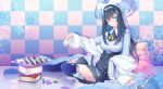 1girl absurdres ace_of_diamonds bangs bishop_(chess) black_hair blue_coat blue_eyes blue_legwear book breasts brooch card checkered checkered_wall chess_piece chessboard coat commentary_request constellation_print four_of_hearts full_body hair_ornament hairband highres holding holding_card hololive hololive_china jewelry large_breasts monocle neyubi pawn playing_card queen_(chess) queen_of_clubs rook_(chess) rosalyn_(hololive) seven_of_spades sitting solo ten_of_diamonds thighhighs three_of_clubs virtual_youtuber yokozuwari 