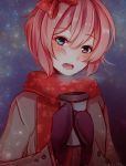  1girl artist_name bangs blue_eyes blush bow coat cup disposable_cup doki_doki_literature_club eyebrows_visible_through_hair grey_coat hair_between_eyes hair_bow highres looking_at_viewer mittens open_mouth peachcak3 pink_hair red_bow red_scarf sayori_(doki_doki_literature_club) scarf short_hair solo upper_body winter_clothes 