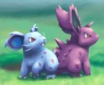  claws commentary_request day fang gen_1_pokemon grass looking_to_the_side mijinko_(barabadge) nidoran nidoran_(female) nidoran_(male) no_humans outdoors pokemon pokemon_(creature) red_eyes 