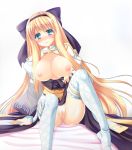  1girl archbishop_(ragnarok_online) bangs bed_sheet blonde_hair blue_eyes blush bow breasts breasts_outside censored commentary_request dress dress_lift eyebrows_visible_through_hair full_body hair_between_eyes hair_bow juliet_sleeves large_breasts lifted_by_self long_hair long_sleeves looking_at_viewer masaya_ichika mosaic_censoring nipples no_panties no_shoes nose_blush puffy_sleeves purple_bow purple_dress pussy ragnarok_online shiny shiny_hair simple_background sitting solo thighhighs two-tone_dress very_long_hair white_background white_dress white_legwear 