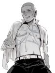  1boy bare_pecs belt black_pants blush buzz_cut facial_hair foxvulpine goatee golden_kamuy greyscale licking_lips looking_at_viewer male_focus monochrome navel open_clothes open_shirt pants shiraishi_yoshitake short_hair sideburns simple_background solo toned toned_male tongue tongue_out undressing very_short_hair 