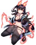  1girl baggy_pants bangs bare_shoulders bikini black_bikini black_coat black_footwear black_gloves black_hair boots breasts cleavage closed_mouth coat crossed_bangs en&#039;en_no_shouboutai english_commentary eyebrows_visible_through_hair fiery_ears fiery_tail fire foreshortening full_body gloves grey_pants groin hair_between_eyes highres hip_vent jehwa long_hair looking_at_viewer medium_breasts metal_gloves midriff navel off-shoulder_coat open_clothes open_coat outstretched_arms pants sidelocks simple_background solo swimsuit tail tamaki_kotatsu twintails visor_(armor) white_background yellow_eyes 