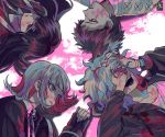  2boys 2girls bangs black_jacket black_shirt bong_(0u0bon) brown_hair button_eyes collarbone collared_shirt commentary_request corpse crossover danganronpa fingernails flipped_hair grey_hair hinata_hajime identity_v jacket komaeda_nagito laughing long_fingernails long_hair long_sleeves lying medium_hair multiple_boys multiple_girls nanami_chiaki on_back on_side open_mouth pink_blood pink_eyes pink_hair pink_ribbon purple_hair red_nails ribbon shirt short_hair sleeves_past_wrists super_danganronpa_2 tsumiki_mikan two-tone_shirt upper_body very_short_hair white_shirt 