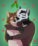  &lt;3 2020 5_fingers anthro black_nose breasts brown_hair canid canine canis clothed clothing digital_media_(artwork) domestic_dog eyebrows eyelashes female fingers green_eyes hair licking male mammal mistletoe open_mouth plant romantic romantic_ambiance sinalanf smile teeth tongue tongue_out 