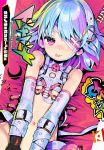  1girl :p bangs belt blue_hair copyright_name dohna_dohna elbow_gloves eyepatch flat_chest gloves gradient_hair heart lying multicolored_hair navel pink_eyes pink_hair porno_(dohna_dohna) short_hair shunin smile solo tongue tongue_out 