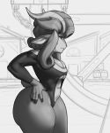  abs absa anthro big_butt bovid breasts butt caprine clothing conditional_dnp curvy_figure female goat hand_on_hip hi_res horn huge_butt mammal monochrome muscular muscular_anthro muscular_female shirt short_tail simple_background solo tank_top thick_thighs topwear voluptuous wide_hips xopachi 