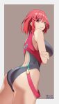  1girl absurdres ass bangs black_swimsuit breasts competition_swimsuit highres large_breasts one-piece_swimsuit pyra_(pro_swimmer)_(xenoblade) pyra_(xenoblade) red_eyes red_hair red_swimsuit short_hair signature solo swept_bangs swimsuit two-tone_swimsuit xenoblade_chronicles_(series) xenoblade_chronicles_2 yuutosj 