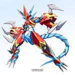  arm_cannon character_name claws digimon english_commentary flamedramon horns kadej looking_to_the_side mecha mechanical_tail mechanization no_humans single_horn solo tail weapon 