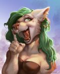  2020 5_fingers anthro breasts canid canine canis day detailed_background digital_media_(artwork) domestic_dog eyebrows eyelashes female fingers green_eyes green_hair hair hauringu mammal open_mouth outside sky smile solo teeth tongue 