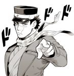  1boy black_eyes black_hair commentary_request foxvulpine golden_kamuy greyscale hat imperial_japanese_army jojo_no_kimyou_na_bouken jojo_pose kepi long_sleeves male_focus military_hat monochrome pointing pointing_at_viewer pose scar scar_on_cheek scar_on_face scar_on_mouth scar_on_nose scarf short_hair simple_background solo sound_effects sugimoto_saichi upper_body 