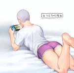  1boy alternate_costume ass buzz_cut casual dolphin_shorts foxvulpine from_behind game_console golden_kamuy grey_hair handheld_game_console leg_up lying male_focus on_stomach shiraishi_yoshitake shirt short_hair shorts simple_background solo thighs very_short_hair white_shirt 