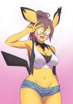  absurd_res anthro baby_pok&eacute;mon big_breasts bottomwear breasts clothing digital_media_(artwork) eyewear female fur glasses hair hi_res light_brown_hair looking_at_viewer nintendo open_mouth peace_symbol pichu pok&eacute;mon pok&eacute;mon_(species) shorts simple_background smile solo video_games yellow_body yellow_fur zanzagen 