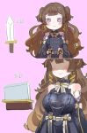  1girl alternate_breast_size anya_melfissa anya_melfissa_(1st_costume) bare_shoulders black_dress blush bow_(bhp) breasts brown_hair closed_mouth detached_sleeves dot_nose dress faceless faceless_female flat_chest hololive hololive_indonesia knife large_breasts long_hair looking_at_viewer multicolored_hair multiple_views outline parody perspective pink_background purple_eyes shaded_face simple_background smile sword two_side_up very_long_hair virtual_youtuber weapon white_outline 