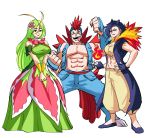  1boy 2girls abs animal_ears antenna_hair baggy_pants bare_arms bare_pecs bare_shoulders black_hair blonde_hair breasts clenched_hands coat collared_dress collared_vest commentary crazy_smile dress english_commentary feraligatr fingerless_gloves fire flower full_body gen_2_pokemon gloves green_hair hair_flower hair_ornament hand_on_hip high_collar highres long_coat long_dress looking_at_viewer meganium midriff mohawk multicolored_hair multiple_girls muscle open_clothes open_coat open_vest own_hands_together pants pectorals personification pokemon pokemon_(game) pokemon_gsc pose purple_hair red_eyes red_hair shoes simple_background standing stomach strapless strapless_dress taut_clothes taut_dress tina_fate toned tongue tongue_out torn_clothes two-tone_hair typhlosion v_arms vest white_background yellow_eyes 