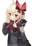  1girl absurdres ahoge bangs black_coat blonde_hair blush bow breath closed_mouth coat commentary_request crossed_bangs double_v hair_between_eyes hair_bow highres hooded_coat long_sleeves red_bow red_eyes red_scarf red_sweater rumia scarf sh_(562835932) short_hair simple_background sketch smile solo striped striped_bow sweater touhou upper_body v white_background winter_clothes 
