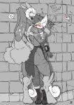 ! &lt;3 2020 2_tails 4_fingers ?! anthro bethesda_softworks big_breasts black_sclera blush bodily_fluids boots bottomwear breasts brick_wall caitlyn_(swordfox) chest_wraps clothing cracked_wall cracks crossover curled_horns domestic_rabbit duo fallout fallout:_pca felid feline female fingers footwear hi_res horn jumpsuit lagomorph leporid loincloth long_ears lop_rabbit lopunny maddi&#039;maul_(s-nina) mammal markings meowstic multi_tail muscular muscular_female nintendo oryctolagus pinned_to_wall pip-boy pok&eacute;mon pok&eacute;mon_(species) pok&eacute;morph rabbit ram_horns rear_view red_eyes s-nina scar size_difference speech_bubble sweat sweatdrop tattoo text tribal_markings tribal_tattoo video_games wall_(structure) watermark wraps yellow_sclera 