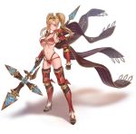  1girl armor bikini blonde_hair blue_eyes breasts choker closed_mouth eyebrows_visible_through_hair full_body gauntlets granblue_fantasy highres holding holding_polearm holding_weapon large_breasts long_hair looking_at_viewer navel polearm red_bikini red_choker simple_background solo standing swimsuit tekkai_blade twintails weapon white_background zeta_(granblue_fantasy) 