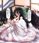  1girl bird_wings black_hair black_wings blush breasts can cleavage collarbone commentary_request energy_drink eyebrows_visible_through_hair fang full_body hair_between_eyes indoors long_hair looking_at_viewer messy_hair monster_energy naked_sheet nose_blush nude open_mouth red_eyes reiuji_utsuho sitting smile solo sunyup third_eye tissue_box touhou translation_request very_long_hair wings 