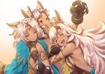  3girls animal_ears aqua_eyes armlet breast_press breasts cape closed_eyes dark_skin dark_skinned_female erune facial_mark fang felluca flower forehead_mark gloves gradient gradient_background granblue_fantasy group_hug hair_flower hair_ornament hug long_hair medium_breasts melleau multiple_girls nemone painapo paw_gloves paws siblings sisters smile 