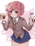  1girl absurdres bangs blazer blue_skirt blush breasts brown_jacket collared_shirt cowboy_shot cupcake doki_doki_literature_club eyebrows_visible_through_hair eyelashes fang food hair_ornament highres icing jacket long_sleeves looking_at_viewer medium_breasts miniskirt natsuki_(doki_doki_literature_club) neck_ribbon open_mouth orange_vest pastry_bag pink_hair pleated_skirt purple_eyes red_neckwear red_ribbon ribbon school_uniform setuji shirt short_hair short_sidetail simple_background skirt solo standing swept_bangs thighs vest white_background white_shirt wing_collar x_hair_ornament 