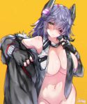  1girl bare_shoulders black_gloves black_jacket blush breasts checkered checkered_neckwear eyebrows_visible_through_hair eyepatch fur-trimmed_jacket fur_trim gloves headgear jacket kantai_collection large_breasts looking_at_viewer mani_oniniku navel necktie nipples no_bra no_panties partially_fingerless_gloves purple_hair school_uniform shirt short_hair simple_background sleeveless sleeveless_shirt solo sweat tenryuu_(kantai_collection) undressing yellow_background 