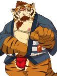  2020 anthro asian_clothing balls_outline barazoku bulge clothing cute_fangs east_asian_clothing felid fundoshi genital_outline happi_(clothing) hi_res humanoid_hands japanese_clothing kemono male mammal nipples pantherine raichoclub simple_background solo tiger underwear white_background 