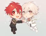  2boys :d :o brown_eyes chibi full_body gloves hair_between_eyes highres idol idolish_7 kujou_tenn looking_at_viewer male_focus multiple_boys nanase_riku open_mouth outline red_eyes red_hair short_hair smile unapoppo white_gloves white_hair white_outline 