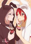  2boys :q animal_hood artist_name brown_eyes bunny_hood cupcake eyebrows_visible_through_hair food food_on_face fruit hair_between_eyes hand_on_another&#039;s_face highres holding holding_food hood hood_up idolish_7 kujou_tenn long_sleeves looking_at_another male_focus multiple_boys nanase_riku one_eye_closed orange_background outline polka_dot polka_dot_background red_eyes red_hair short_hair short_sleeves strawberry tongue tongue_out twitter_username unapoppo upper_body white_hair white_outline 