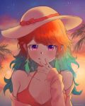  absurdres artist_name bare_shoulders blush breasts collarbone feathers hat highres hololive hololive_english light_particles looking_at_viewer md5_mismatch multicolored_hair palm_tree resolution_mismatch shaded_face shironekokfp smile source_smaller sunset swimsuit takanashi_kiara tree 