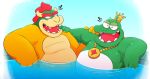  2020 anthro bathing belly bowser crown duo eyes_closed green_body horn koopa laugh leonthelionel male mario_bros nintendo overweight overweight_male scalie teeth toony video_games wart_(mario) water 