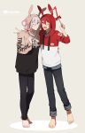  2boys ;) ;d animal_hood arm_around_shoulder arm_around_waist barefoot black_pants brand_name_imitation brown_eyes bunny_hood closed_mouth eyebrows_visible_through_hair full_body hair_between_eyes happy highres holding hood hood_up hoodie idolish_7 kujou_tenn long_sleeves looking_at_viewer male_focus multiple_boys nanase_riku one_eye_closed open_mouth outline pants red_eyes red_hair short_hair simple_background smile standing unapoppo white_hair white_outline youtube 