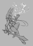  anthro armor elemental_manipulation eyewear female fire goggles grey_background hi_res lagomorph leporid looking_at_viewer mammal melee_weapon monochrome rabbit simple_background solo sword watsup weapon 