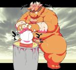 2020 anthro balls bathing belly bovid bovine brown_body brown_fur cattle duo fur genitals hi_res humanoid_hands kemono male mammal overweight overweight_male pubes suishou0602 water 